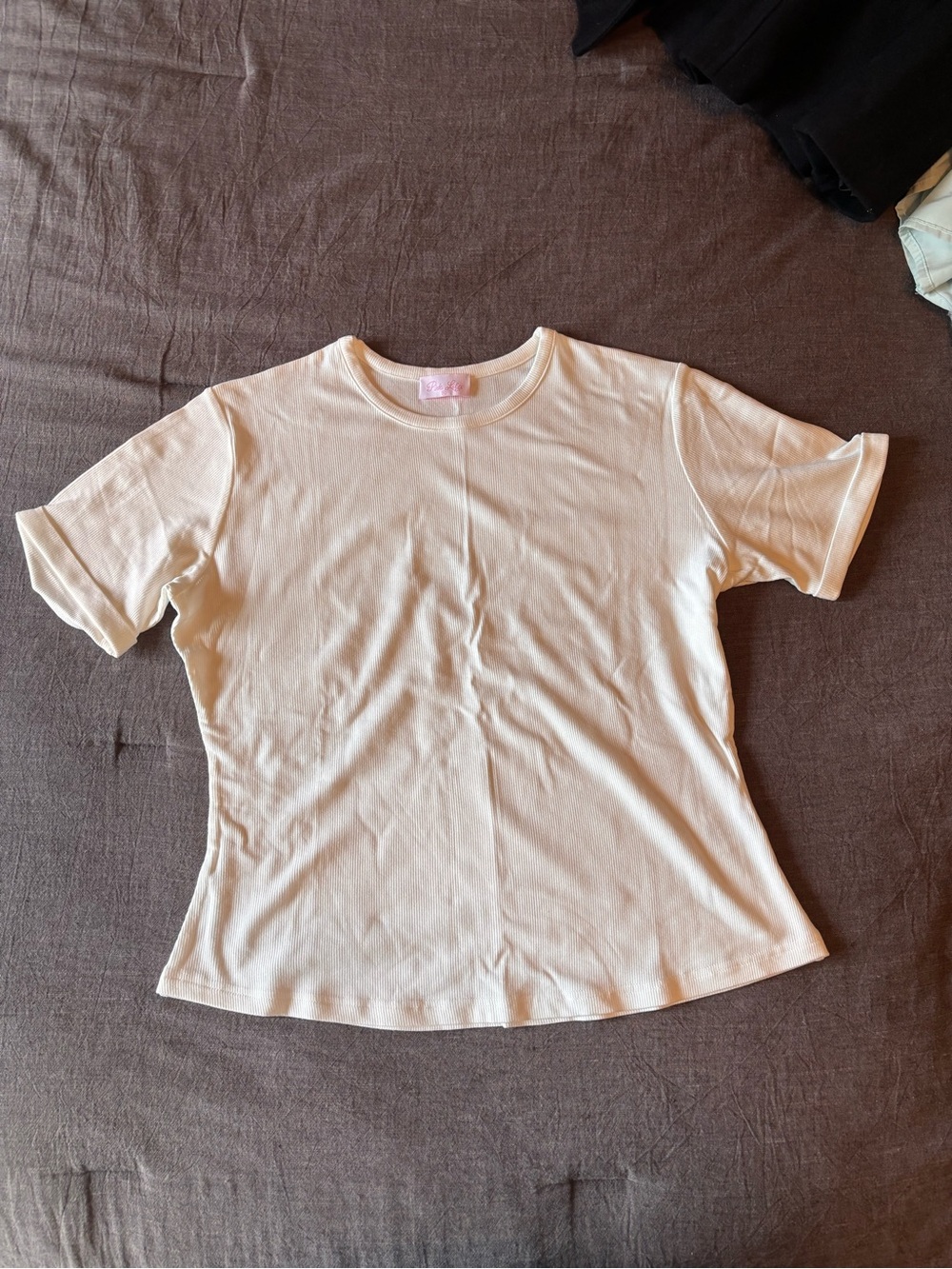 Pink Lily Cream Ribbed Short Sleeve Top